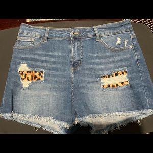 Judy Blue jean shorts with leopard patches. Size XL = 14-16